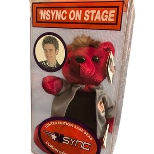 NSYNC Justin Timberlake Limited Edition Bear, candy hearts, lip balm, pencil.